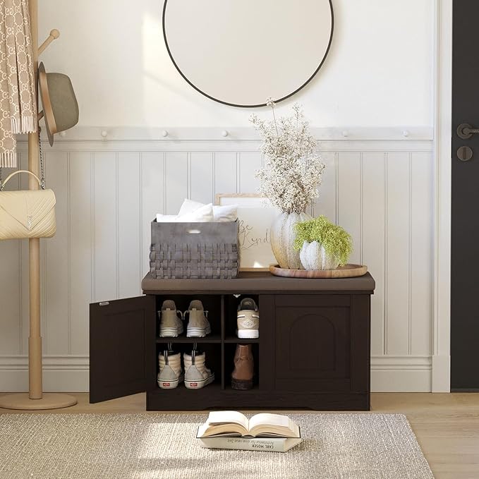 DINZI LVJ Shoe Bench, Entryway Storage Bench with Doors, Cushion, 2-Tier Shoe Rack with 6-Cubby, 31.5”L x 13.8”W Shoe Organizer Cabinet, Adjustable Shelf, Living Room, Bedroom, Espresso