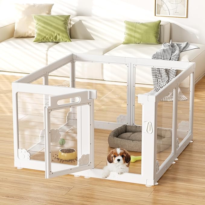 Acrylic Clear Dog Play Pen Indoors, Puppy Playpen with Door for Small Dogs Puppies, Transparent Plastic Pet Playpen Cage Fence Crate Kennel for Cat Kitten Rabbit Bunny Ferret etc (White-8 Panels)