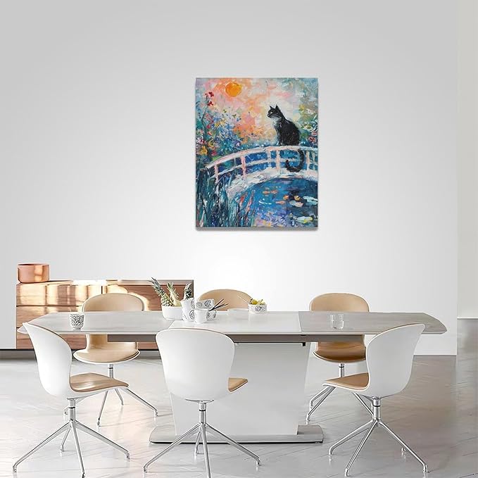 Quorin Black Cat Wall Art Water Lily Sunset Pictures Cat Wall Decor Impressionism Canvas Print Painting Artwork for Bathroom Living Room Bedroom 16"x20"