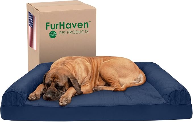 Furhaven Cooling Gel Dog Bed for Large Dogs w/ Removable Bolsters & Washable Cover, For Dogs Up to 125 lbs - Quilted Sofa - Navy (Blue), Jumbo Plus/XXL