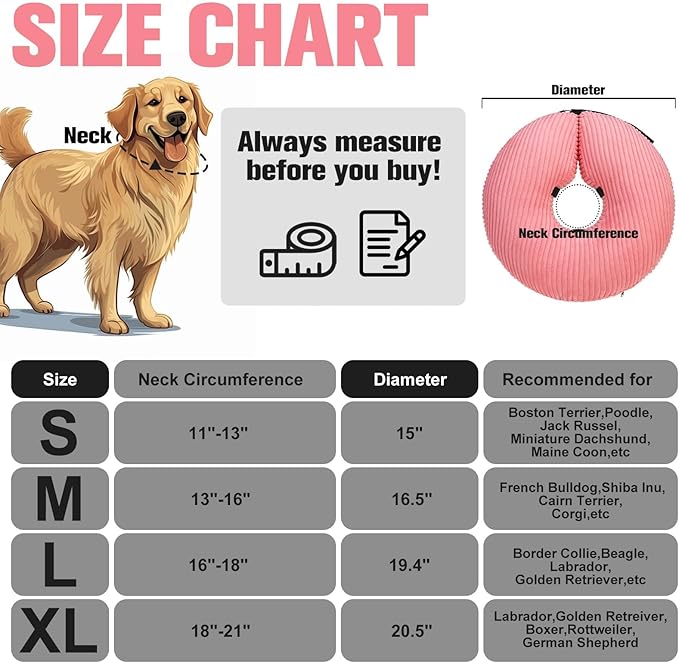 BINGPET Inflatable Dog Cone Collar Alternative After Surgery,Soft Recovery Cone for Dogs to Stop Licking,Protective Neck Donut E Collar Adjustable for Small Medium Large Dogs & Cats(Pink,S)