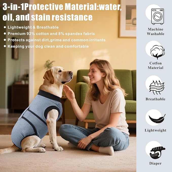 Idepet Dog Recovery Suit Female,Dogs Onesie Suit Surgery Male Breathable Pet Bodysuit for Spay Neuter E-Collar & Cone Alternative Surgical Suit Puppy Abdominal Anti Licking Wounds Shirt (Gray, XXL)