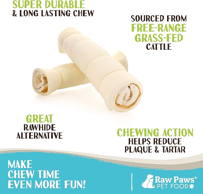 Raw Paws Beef Cheek Rolls for Dogs Large - 10 inch (4 Pack) - Packed in USA - Free-Range, Rawhide Alternative Dog Chews - Retriever Rolls - Beef Cheeks for Dogs