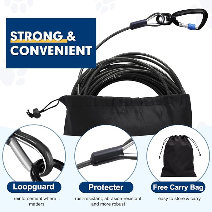 Snagle Paw Dog Tie Out Cable 30FT-1000LBS Break Strength,Heavy Duty Dog Leads for Yard with Shock Absorbing Spring & Swivel Hook,Long Leash Cable for Outdoor Tethering,Dog Line for Small Large Dogs