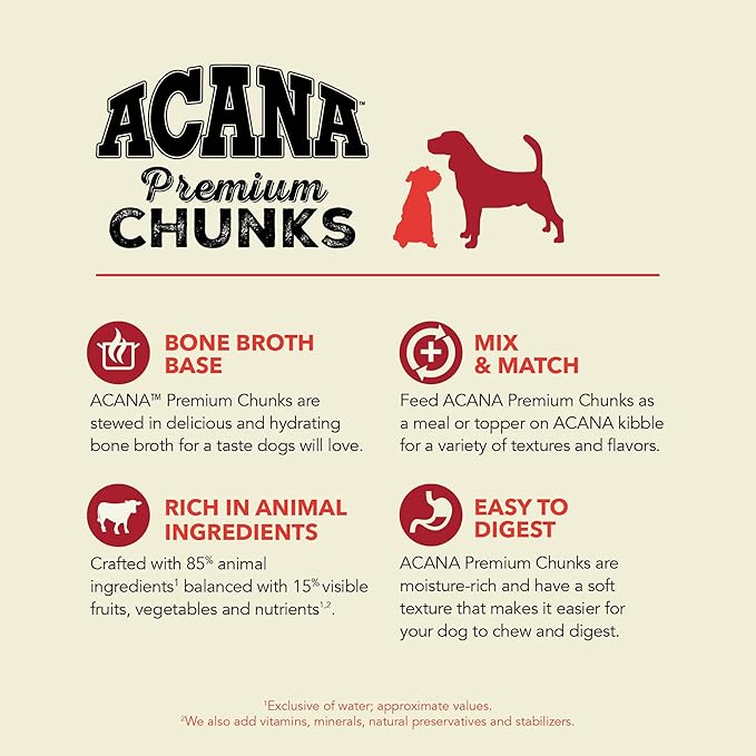 ACANA Premium Chunks in Bone Broth Grain-Free Wet Dog Food Variety Pack: Beef + Poultry Recipes 12.8oz Cans (6 Count, 3 of Each)
