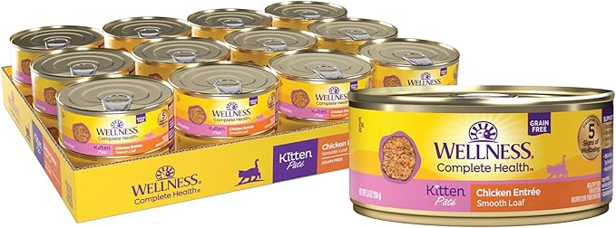 Wellness Complete Health Pate Kitten Wet Cat Food, Natural, Protein-Rich, Grain Free, 5.5 Ounce, 24 Pack, (Chicken)