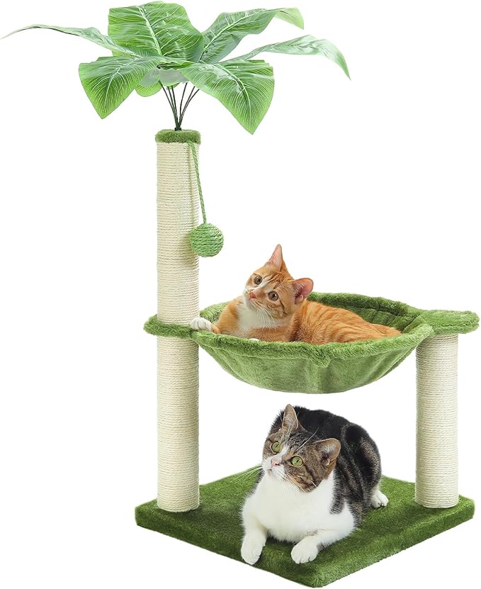 Small Cat Tree, 28" Cat Tower with Sisal Scratching Posts and Coconut Leaves for Indoor Small Cats, Large Hammock and Dangling Ball for Kittens, Green