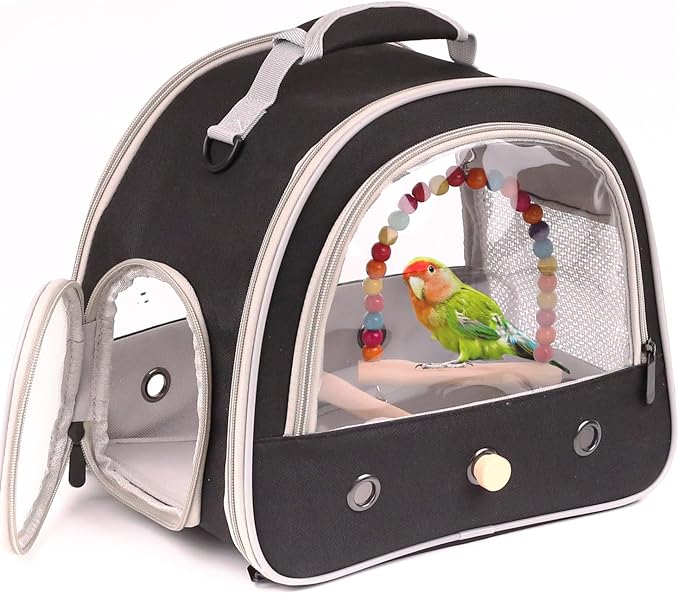 Portable Parrot Travel Cage Carrier with Small Swing Toy&Cage Colorful Toys Set Small Bird Parakeet Bag with Standing Perch Bird Carry Transport Bag (Black, Carreir/Swing)