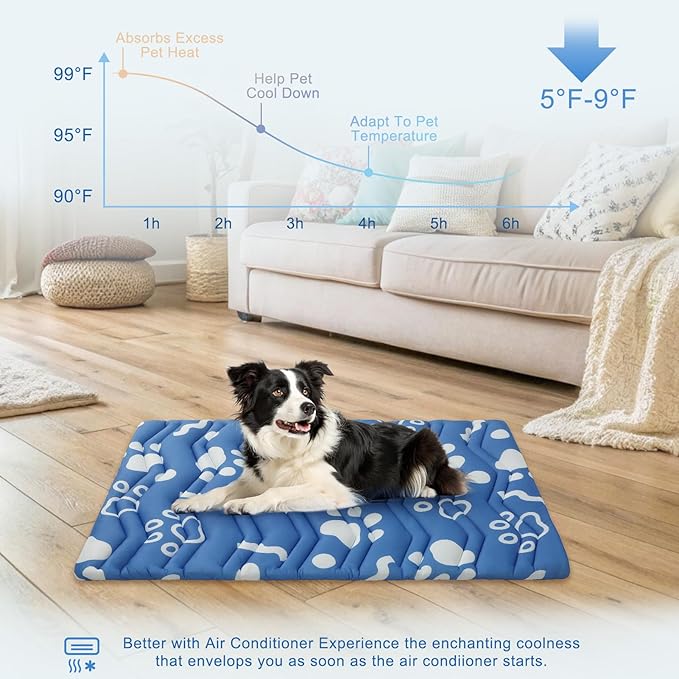 BEAUTYZOO Dog Cooling Mat- Upgraded Thicken Cooling Mat for Large Dogs Reversible(Cool & Warm) Pet Ice Cool Bed Washable & Portable, Summer Crate Pad for Big Dog Puppy Up to 100 lbs, Paw Blue 59X40IN