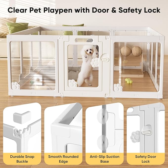 Acrylic Clear Dog Play Pen Indoors, Puppy Playpen with Door for Small Dogs Puppies, Transparent Plastic Pet Playpen Cage Fence Crate Kennel for Cat Kitten Rabbit Bunny Ferret etc (White-8 Panels)
