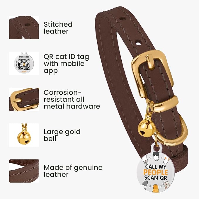 BRONZEDOG Leather Cat Collar with Removable Bells Non Breakaway Kitten QR Tag for Girl Boy (9" - 12" Cats/Mini Dogs, Dark Brown & Gold)