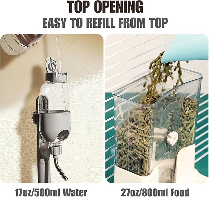 Automatic Pet Food Water Dispenser, Auto Gravity Pet Feeder Water Bottle Set for Crate Cage, Feeding Station for Small Dog Cat Rabbit Guinea Pigs Chinchilla Ferret Hedgehog (Gray)