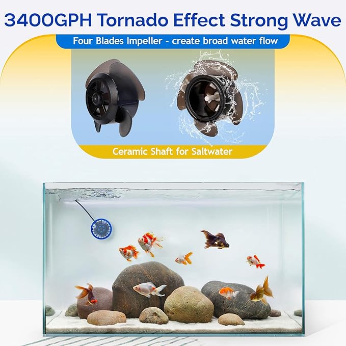 hygger Freshwater Saltwater Aquarium Wave Maker with Controller, Adjustable Flow Magnetic DC 24V Powerhead Circulation Pump 6 Wave Modes for 75-220 Gallon Coral Reef Tank 3400gph
