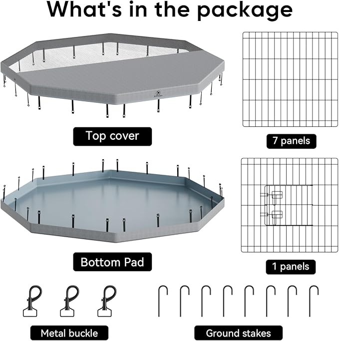 PJYuCien Dog Playpen, 8 Panels 30”H Dog Playpen Indoor with Grey Bottom Pad and Top Cover, Metal Foldable Dog Pen for Indoor Use, Better for Small Medium Animals, Grey