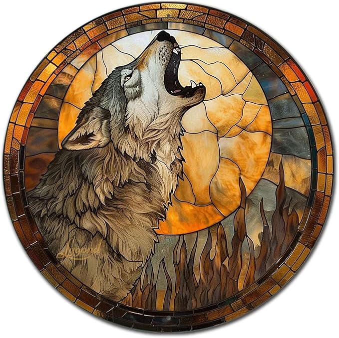 Lygond Metal Sign Tin Sign Circular Stained Glass Gray Wolf Bar Signs for Home Bar for Bar 8×8 Inches