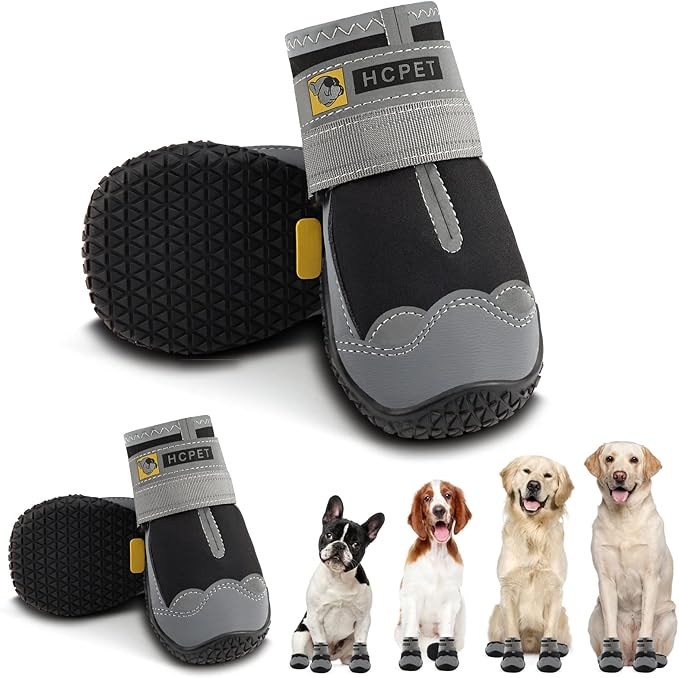 Hcpet Dog Shoes for Large Dogs, Waterproof Dog Booties for Small Medium Dogs, Anti-Slip Dog Boots & Paw Protectors for Hot Pavement Winter Snow Hiking with Reflective Straps Black Size 7