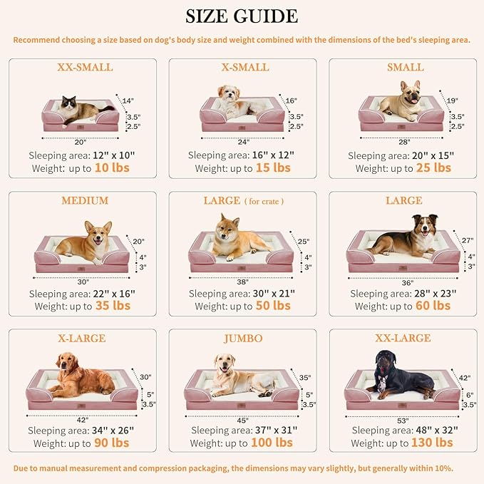 Comfort Expression XXL Orthopedic Dog Beds, Waterproof Orthopedic Foam Extra Large Dog Beds, Washable Pet Sofa Couch with Removable Cover & Non-Slip Bottom(XX-Large,Pink)