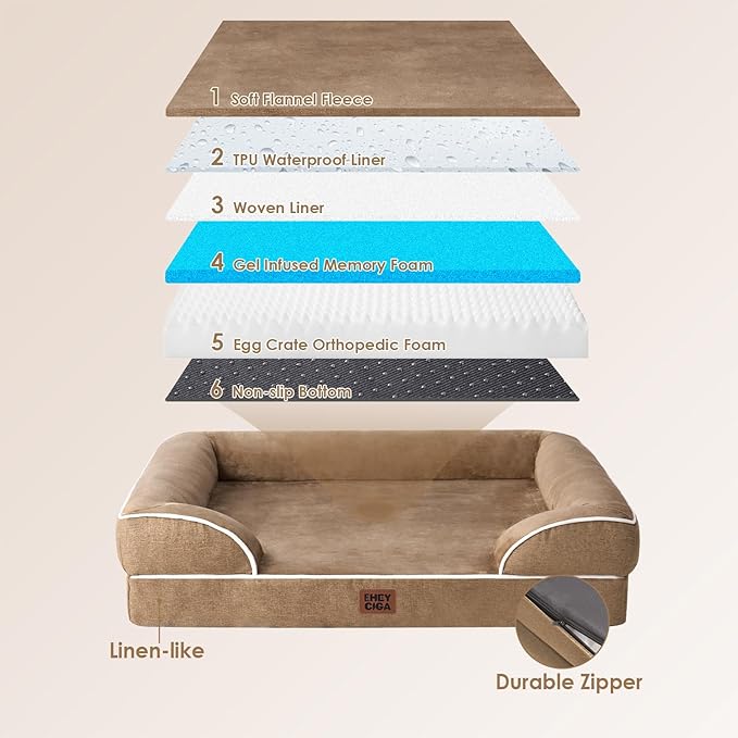 EHEYCIGA Orthopedic Dog Beds for Extra Large Dogs, Waterproof Memory Foam XXL Dog Bed with Sides, Non-Slip Bottom and Egg-Crate Foam Big Pet Couch Bed with Washable Removable Cover, Camel