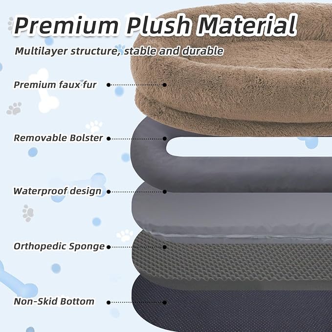 Human Dog Bed, Large Dog Beds for Humans Size Fits You and Pets, Washable Faux Fur Orthopedic Human Pet Bed for People Doze Off, Napping, Present Pillow, Blanket, Strap - Khaki