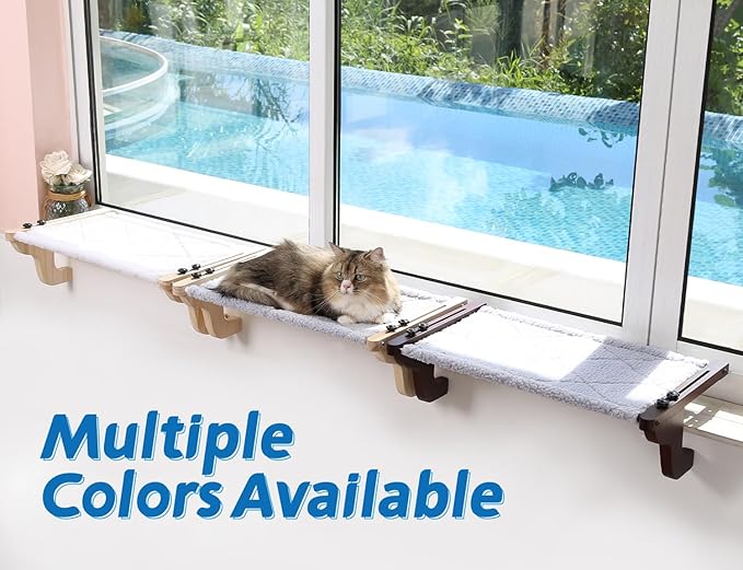 Easy Seat Cat Perch for Window Sill - Hammock Design w/Pine Wood & Robust Metal Frame - Cat Window Seat for Large Cats and Kittens (Natural Color Wood w/White Bed, Medium (23''W x 14''D))