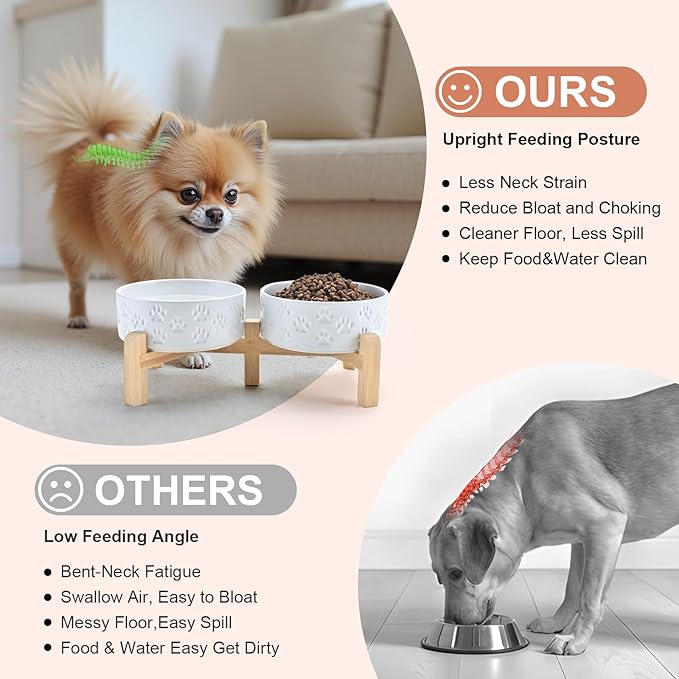 SPUNKYJUNKY Elevated Dog Bowls Ceramic, 5.1'' Dogs and Cat Food Water Bowls Raised with Non-Slip Bamboo Stand for Puppy Small Sized Breed Microwave Dishwasher Safe - 13.5 OZ,Paw White
