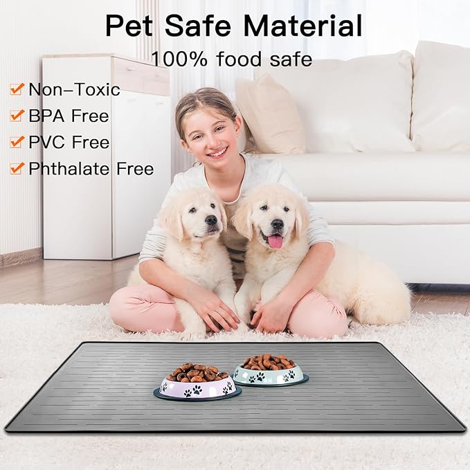 39.4"x29.5" Large Pet Food Mat, Silicone Dog Mats for Food and Water, Nonslip Pet Feeding Mats for Floors,Dog Cat Bowl Mat with Raised Edges, Beige