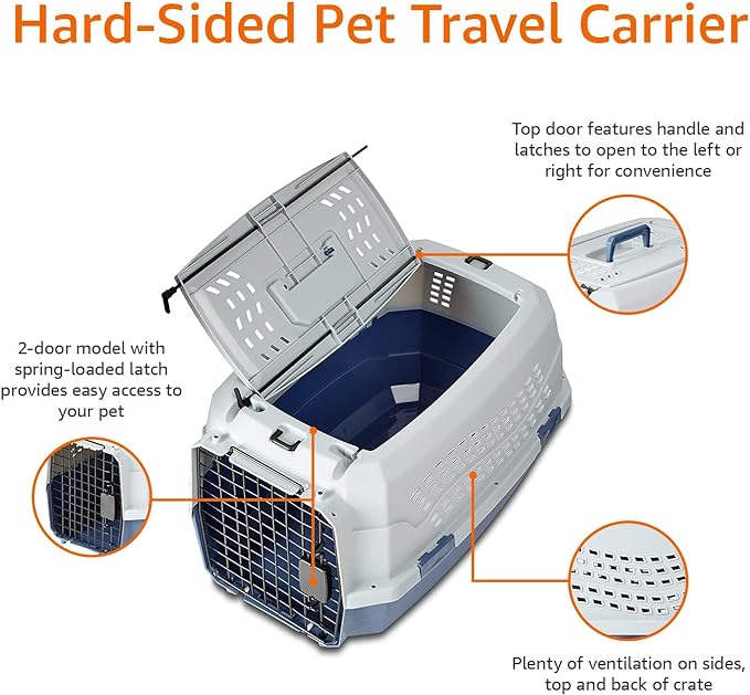Amazon Basics 2-Door Top-Load Hard-Sided Dogs, Cats Pet Travel Carrier, Gray & Blue, 22.8"L x 15.0"W x 13.0"H