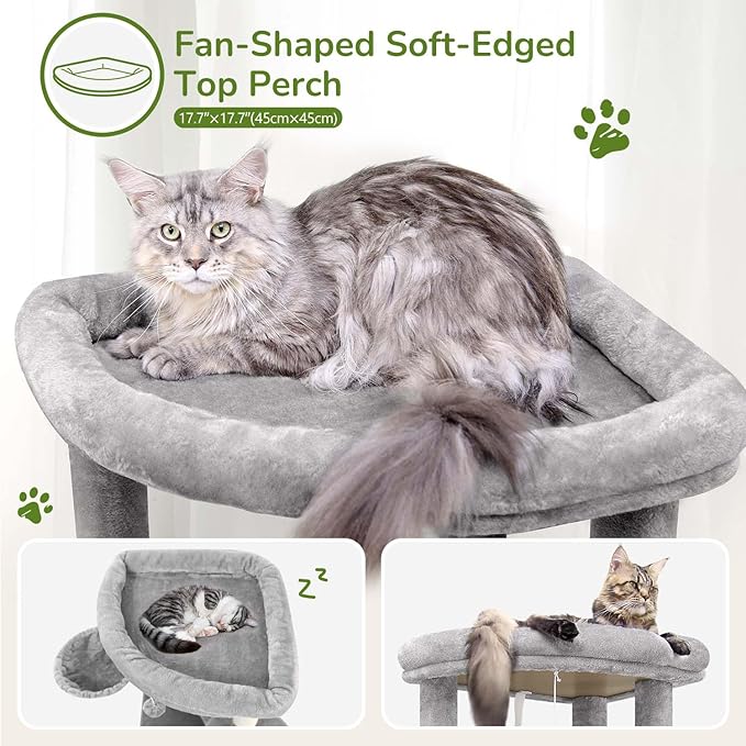 Globlazer Corner Cat Tree Tower for Indoor Cats, 51in Multi-Level Cat Condo Tower with Large Hammock, 7 Sisal Scratching Posts, Oversized Top Perch, Spacious Cat Cave, Hanging Basket, C51, Light Gray