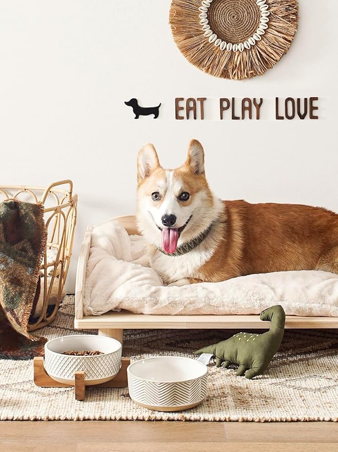 Ceramic Dog Bowl Set, 4 Cups Food and Water Bowl for Medium Small Dogs, Cute Pet Dishes with Wood Stand, Rhombus+Wave Design (Set of 2)