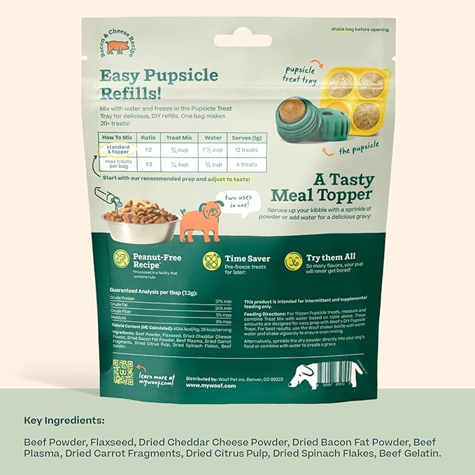 WOOF Dog Pupsicle Mix - Easy-to-Make DIY Pupsicle Refills - Tasty, Healthy Pupsicle Mix - Wholesome Ingredients - Long-Lasting Treats for Dogs - Bacon and Cheese Mix