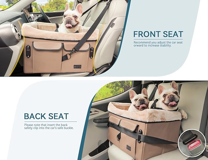 Petsfit Dog Booster Car Seat for Medium Dog or 2 Small Dogs with Patent Buckles, Washable Pad, Upgraded Pet Car Seat for Dogs Up to 45 lbs (Medium, Tan)