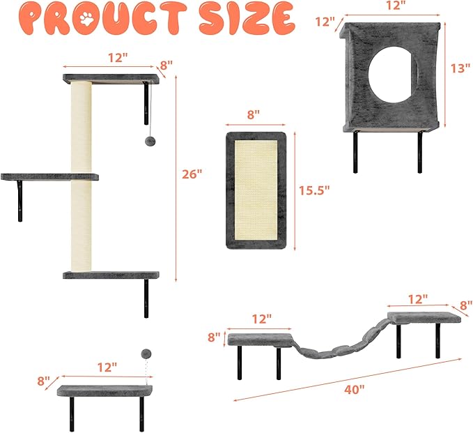 NUNU LAB Cat Wall Shelves Set, 5 Pcs Wall-Mounted Cat Climber with Cat House, Bridge, Scratching Post, Hammock, Wall Shelves, Gray