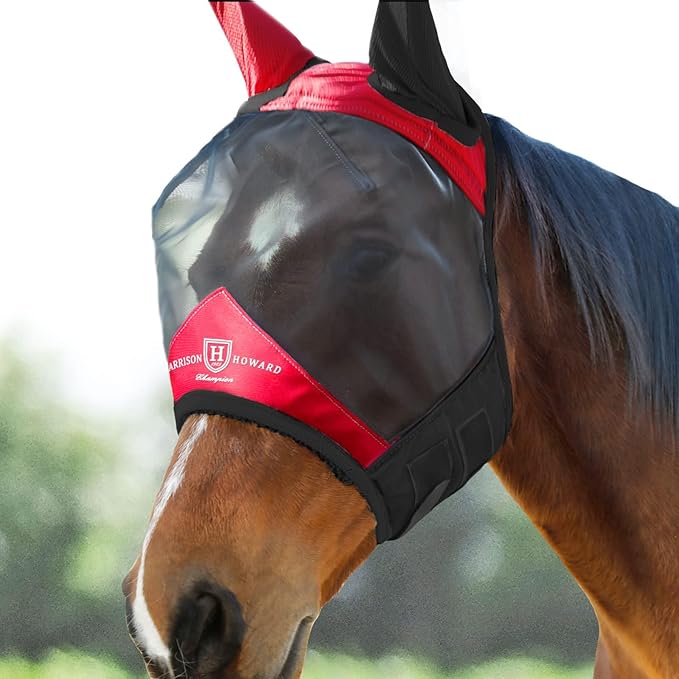 Harrison Howard Pro Luminous Horse Fly Mask Standard with Ears UV Protection for Horse Scarlet Red/Black Small Pony