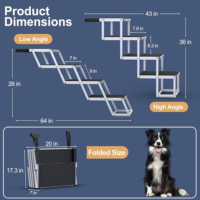 Extra Wide Dog Stairs for Large Dogs, Foldable Dog Ramp for Car with Non-Slip Surface, Dogs Stairs for Cars, High Beds, Truck, Supports up to 250 lbs, 4 Steps