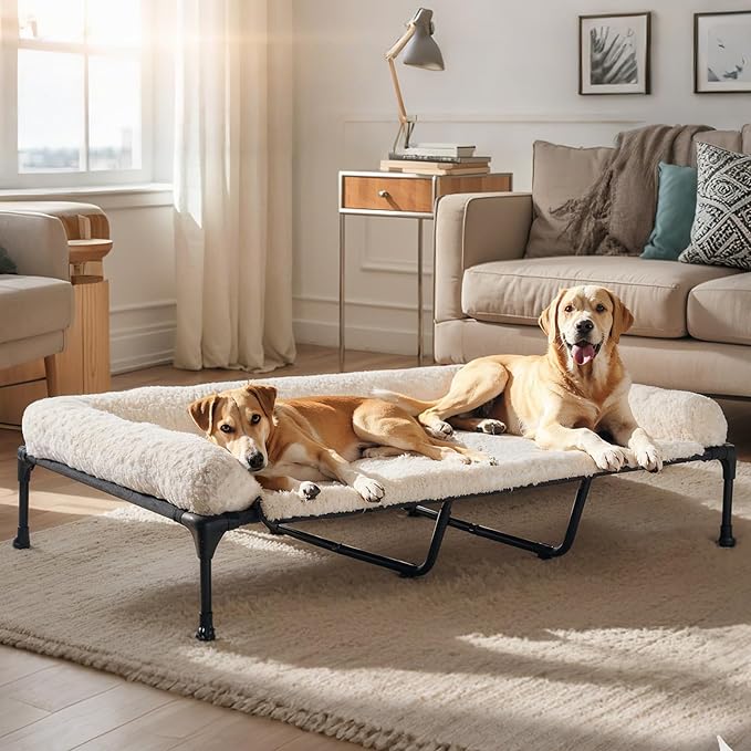 Veehoo Cooling Elevated Dog Bed Add Removable Deluxe Rose Plush Bolster Cushion Mat, 59" x 37" Washable Dog Couch Bed, Raised Pet Cot with Breathable Teslin Mesh, No-Slip Feet, White, CWC2439B