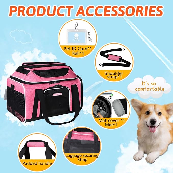 Petskd Top-Expandable Pet Carrier 18x13x9.5 Inches Southwest Airline Approved, Soft-Sided Carrier for Small Cats and Dogs with Locking Safety Zippers and Anti-Scratch Mesh(Pink)
