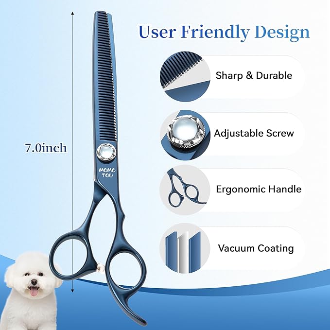 7 inch Matte Blue Thinning Dog Grooming Scissors Professional 440C Stainless Steel Dog Thinner Shears Smooth Cutting Comfortable Grip and Easy to Use for Groomers and Home Use