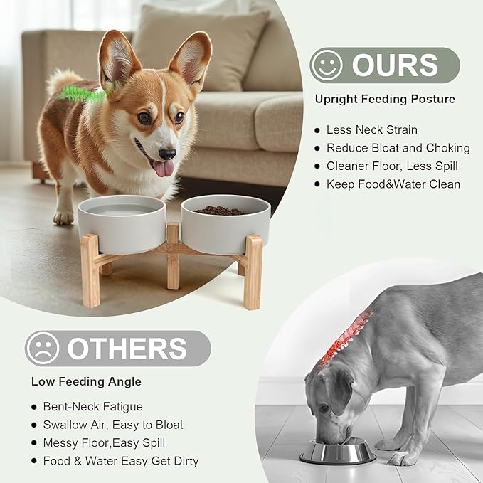 SPUNKYJUNKY Elevated Dog Bowls Ceramic, 6.1'' Dogs and Cat Food Water Bowls Raised with Non-Slip Bamboo Stand for Medium Sized Breed Microwave Dishwasher Safe - 28.7 OZ,Grey