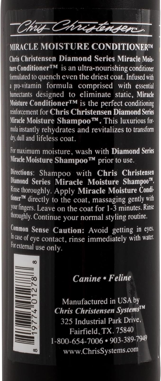Chris Christensen Diamond Series Miracle Moisture Dog Conditioner, Groom Like a Professional, Pro-Vitamin Formula, Provides Maximum Moisture, Use on Both Dogs and Cats, Made in USA, 16 oz