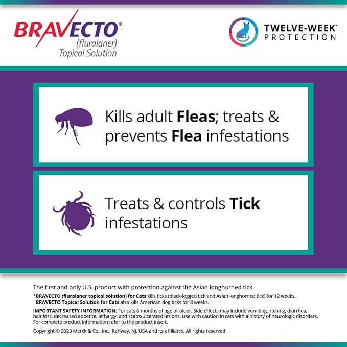 BRAVECTO Topical Solution for Cats, Flea & Tick, 12 Week Supply, >13.8-27.5 lbs., Purple Box