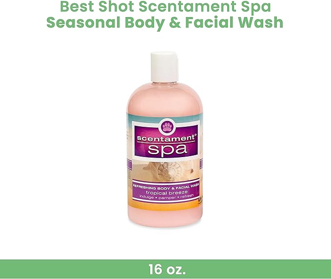 Best Shot Scentament Spa Seasonal Body and Facial Wash, Tearless Shampoo, Hypoallergenic Body Wash, Removes Tear Stains, Tropical Breeze, 16 Oz.