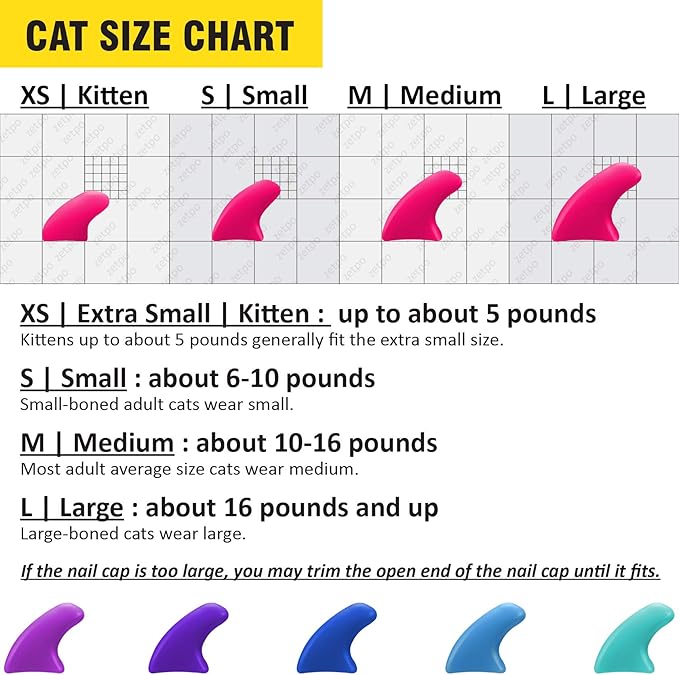 zetpo 100 pcs Cat Nail Caps | Cat Claw Covers | with Adhesives and Applicators (M, Purple, Violet, Blue, Sky Blue, Turquoise)