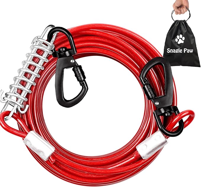 Red Chew Proof 30FT Dog Tie Out Cable, Heavy Duty Dog Lead for Yard & Camping