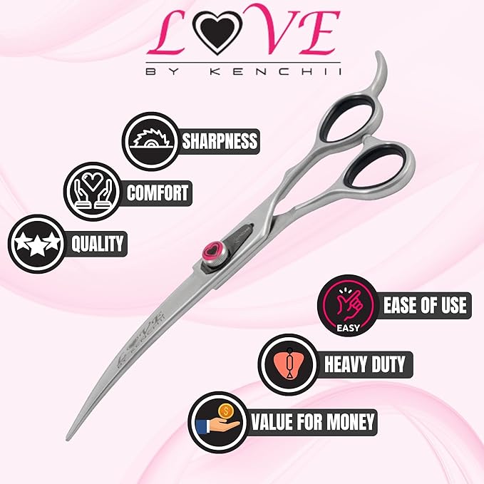 Kenchii Love Dog Grooming Scissors, 7 Inch Straight Shears, Dog Scissors for Grooming, Professional Pet Grooming Scissors, Ergonomic & Comfortable