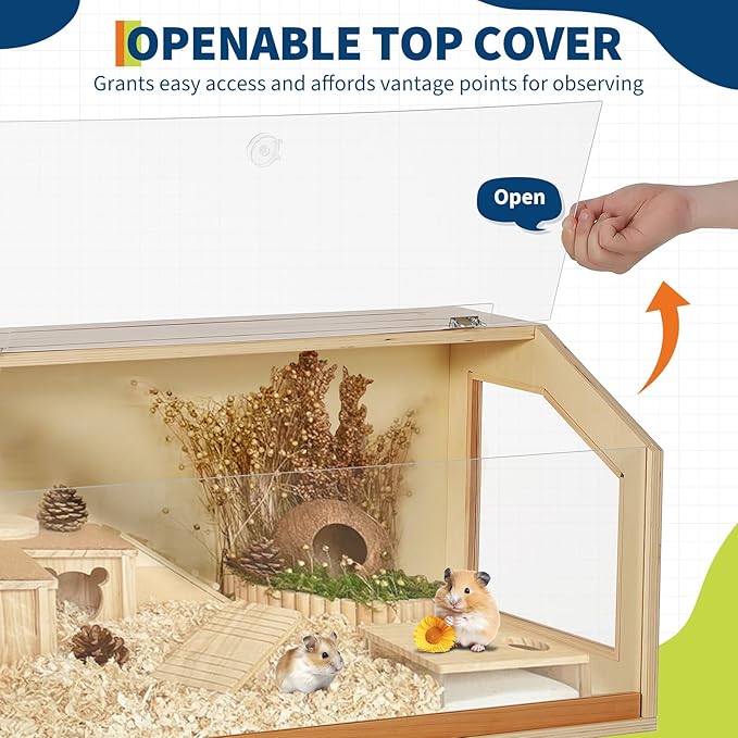 Wooden Hamster Cage with Legs, 40" l x 20" w x 47.5" h Guinea Pig Cages Chew Proof,Large Hamster Habitats Enclosure with Acrylic Window & Openable Top for Guinea Pig, Chinchilla, Gerbil