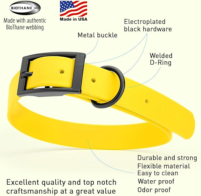 Dogline Biothane Waterproof Dog Collar Strong Coated Nylon Webbing with Black Hardware Odor- Proof for Easy Care Easy to Clean High Performance Fits Small Medium or Large Dogs, Lemon Yellow