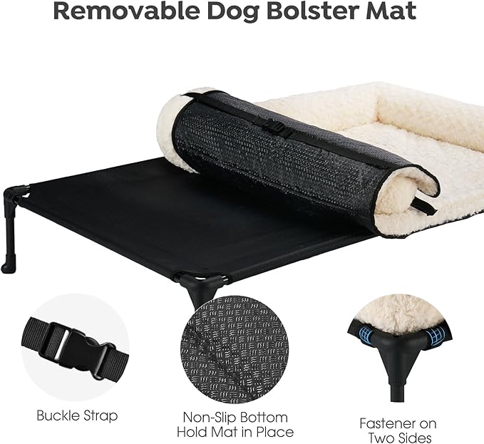 Veehoo Cooling Elevated Dog Bed Add Removable Deluxe Rose Plush Bolster Cushion Mat, 35" x 22" Washable Dog Couch Bed, Raised Pet Cot with Breathable Teslin Mesh, No-Slip Feet, White, CWC2439B