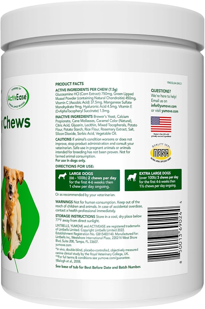 YuMOVE Hip & Joint Supplement for Dogs - with Glucosamine Chondroiton, Green Lipped Mussel, Hyaluronic Acid, and Omega 3 Joint Supplement for Stiffness and Mobility 60 Chews (Large/XL Dogs)