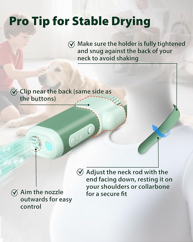 2-in-1 Hands-Free Dog Hair Dryer with Table Clamp – Low Noise Pet Grooming Dryer for Dogs & Cats, Adjustable Heat & Speed, Wearable or Desktop Use(Green)
