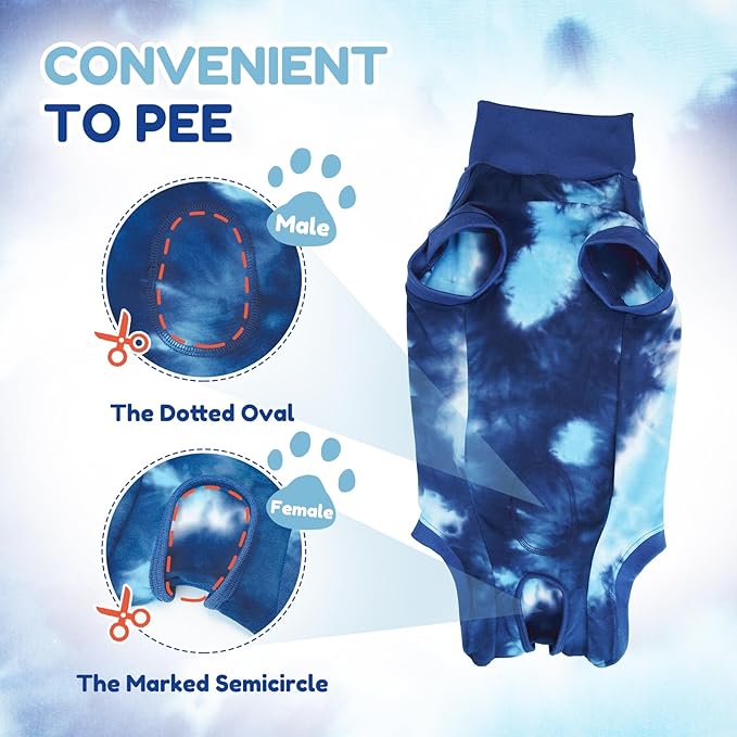 Breathable Dog Recovery Suit for Male/Female, Tie Dye Blue Dog Onesie for Abdominal Wounds, Cone E-Collar Alternative After Surgery to Anti-Licking, Professional Surgery Suit for Dogs